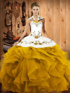 Ball Gowns Vestidos de Quinceanera Gold Halter Top Tulle Sleeveless Floor Length Lace Up