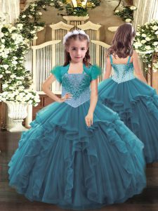 Enchanting Teal Organza Lace Up Straps Sleeveless Floor Length Girls Pageant Dresses Beading and Ruffles