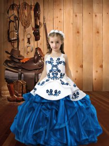 Best Blue Organza Lace Up Straps Sleeveless Floor Length Glitz Pageant Dress Embroidery and Ruffles