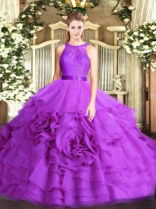 Fine Scoop Sleeveless Lace Up Quince Ball Gowns Eggplant Purple Fabric With Rolling Flowers