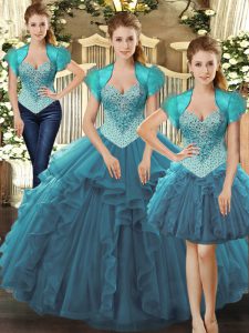 Suitable Straps Sleeveless Tulle Vestidos de Quinceanera Beading and Ruffles Lace Up