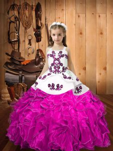 Latest Sleeveless Lace Up Floor Length Embroidery and Ruffles Child Pageant Dress