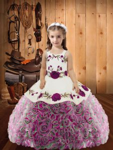 Nice Sleeveless Lace Up Floor Length Embroidery and Ruffles Little Girls Pageant Dress