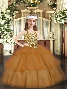 Most Popular Brown Organza Lace Up Straps Sleeveless Floor Length Child Pageant Dress Beading and Ruffled Layers
