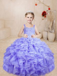 Lavender Little Girls Pageant Dress Wholesale Sweet 16 and Quinceanera with Beading and Ruffles Straps Sleeveless Lace Up