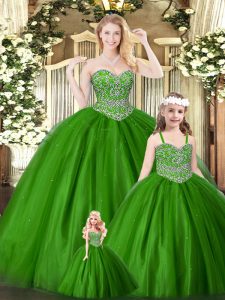 Discount Green Tulle Lace Up Sweetheart Sleeveless Floor Length Quinceanera Dresses Beading