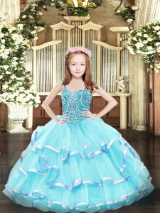 Sleeveless Floor Length Beading and Ruffled Layers Lace Up Custom Made Pageant Dress with Aqua Blue
