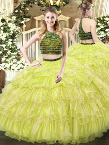Yellow Green Zipper Halter Top Beading and Ruffled Layers Sweet 16 Dress Organza Sleeveless