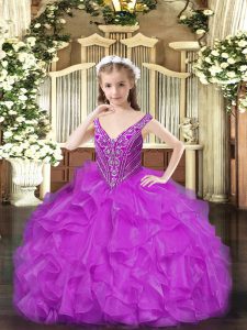 Floor Length Purple Little Girls Pageant Gowns V-neck Sleeveless Lace Up