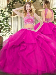 Tulle High-neck Sleeveless Backless Beading and Ruffles Quinceanera Gowns in Fuchsia