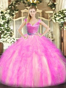 Exceptional Rose Pink Sleeveless Beading and Ruffles Floor Length Quinceanera Dresses