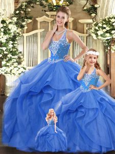 Adorable Blue Sleeveless Floor Length Beading and Ruffles Lace Up 15th Birthday Dress