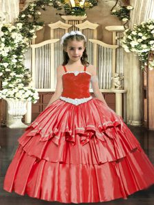 Floor Length Coral Red Evening Gowns Organza Sleeveless Appliques and Ruffled Layers
