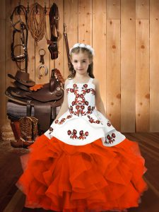 Excellent Sleeveless Organza Floor Length Lace Up Pageant Gowns For Girls in Orange Red with Embroidery