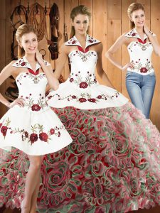 Fabric With Rolling Flowers Sleeveless Vestidos de Quinceanera Sweep Train and Embroidery