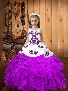 Graceful Straps Sleeveless Little Girls Pageant Gowns Floor Length Embroidery and Ruffles Eggplant Purple Organza