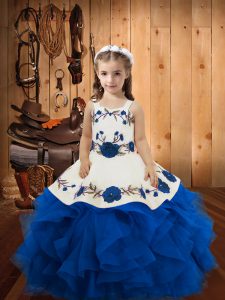 Blue Ball Gowns Embroidery and Ruffles Kids Formal Wear Lace Up Tulle Sleeveless Floor Length