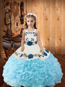 Floor Length Lace Up Pageant Dresses Baby Blue for Sweet 16 and Quinceanera with Beading and Ruffles