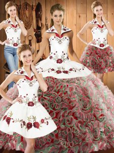 Decent Sleeveless Sweep Train Embroidery Lace Up Quinceanera Dress