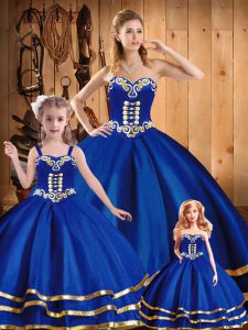 Blue Ball Gowns Embroidery Sweet 16 Dresses Lace Up Tulle Sleeveless Floor Length