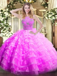 Lilac Sleeveless Floor Length Ruffled Layers Zipper Ball Gown Prom Dress