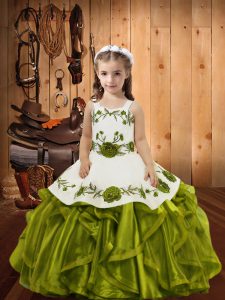 Great Olive Green Straps Neckline Embroidery and Ruffles Child Pageant Dress Sleeveless Lace Up