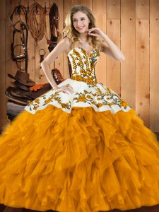 Beautiful Gold Sleeveless Satin and Organza Lace Up Quinceanera Dresses for Military Ball and Sweet 16 and Quinceanera