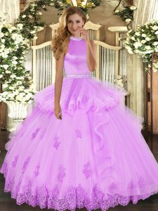 Glamorous Lilac Ball Gowns Beading and Ruffles Quinceanera Gowns Backless Tulle Sleeveless Floor Length