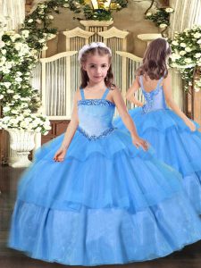 Hot Sale Floor Length Lace Up Little Girl Pageant Dress Baby Blue for Party and Quinceanera with Appliques