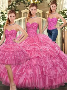 Trendy Rose Pink Sleeveless Organza Lace Up Ball Gown Prom Dress for Military Ball and Sweet 16 and Quinceanera