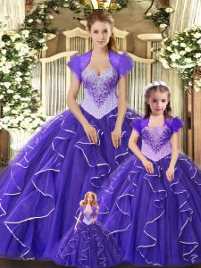 Spectacular Purple Scoop Neckline Beading and Ruffles Ball Gown Prom Dress Sleeveless Lace Up