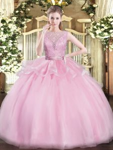Fashion Baby Pink Ball Gowns Organza Scoop Sleeveless Lace Floor Length Backless Quinceanera Dress