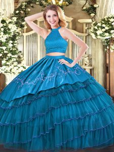 Cute Teal Sleeveless Floor Length Beading and Embroidery and Ruffled Layers Backless Quinceanera Gown
