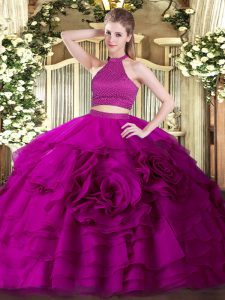 Halter Top Sleeveless Tulle Quinceanera Dresses Beading and Ruffles Backless