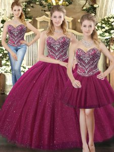 Comfortable Fuchsia Sleeveless Floor Length Beading Lace Up 15 Quinceanera Dress