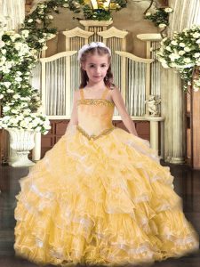 Excellent Gold Sleeveless Appliques and Ruffled Layers Floor Length Little Girls Pageant Dress