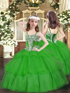 Eye-catching Floor Length Green Little Girl Pageant Gowns Straps Sleeveless Lace Up