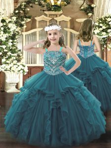 On Sale Teal Straps Neckline Beading and Ruffles Kids Formal Wear Sleeveless Lace Up
