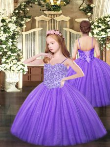 Beauteous Lavender Tulle Lace Up Little Girls Pageant Dress Sleeveless Floor Length Appliques