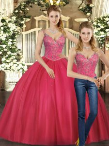 Straps Sleeveless Lace Up Quinceanera Dresses Hot Pink Tulle