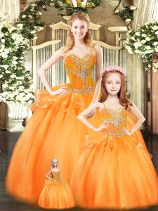 Customized Orange Red Sleeveless Floor Length Beading and Ruffles Lace Up Quinceanera Gown