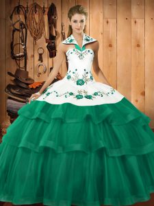 Embroidery and Ruffled Layers 15th Birthday Dress Turquoise Lace Up Sleeveless Sweep Train