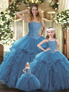 Teal Ball Gowns Beading and Ruffles Ball Gown Prom Dress Lace Up Organza Sleeveless Floor Length