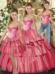 Romantic Watermelon Red Sleeveless Organza Lace Up Quinceanera Gown for Military Ball and Sweet 16 and Quinceanera