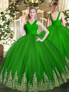 Ball Gowns Sweet 16 Quinceanera Dress Green V-neck Tulle Sleeveless Floor Length Zipper