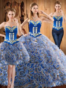 Affordable Sleeveless With Train Embroidery Lace Up Quinceanera Gown with Multi-color Sweep Train