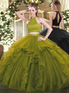 Olive Green Backless Halter Top Beading and Ruffles 15th Birthday Dress Organza Sleeveless