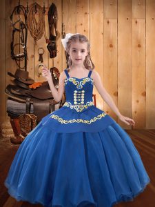 Pretty Blue Lace Up Pageant Gowns For Girls Beading and Embroidery and Ruffles Sleeveless Floor Length