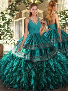 Ideal Sleeveless Organza Floor Length Backless Quince Ball Gowns in Teal with Ruffles