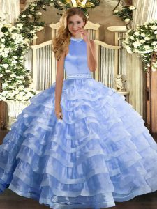 Glorious Floor Length Backless Quinceanera Dress Blue for Military Ball and Sweet 16 and Quinceanera with Beading and Ruffled Layers